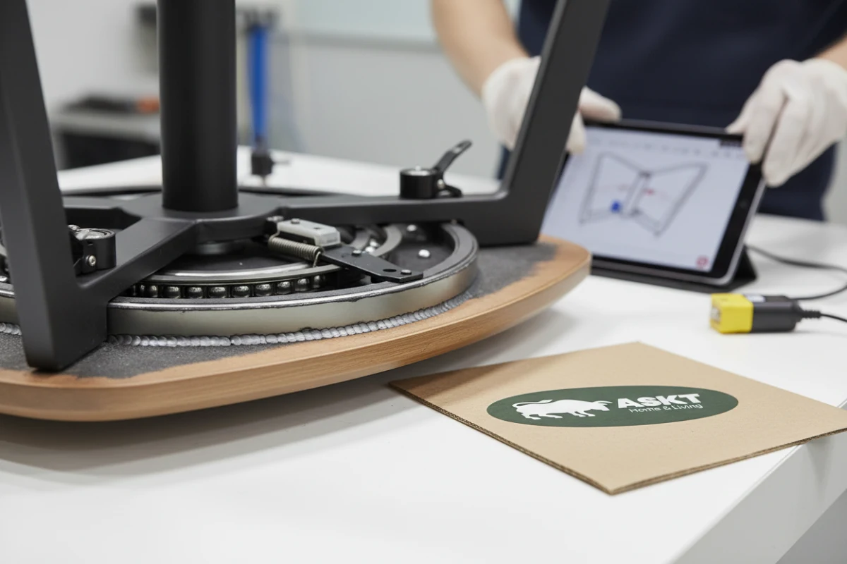 Detailed view of an auto-return swivel plate and mounting bracket on a pre-production sample