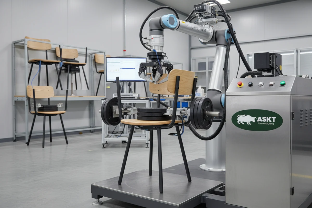 Automated cyclic testing rig evaluating dining chair swivel mechanism durability