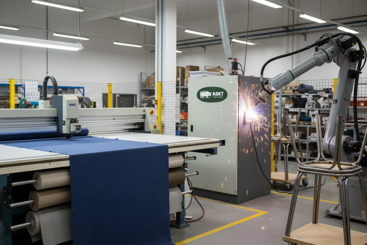 Geautomatiseerde stofsnijmachine en lasrobot voor metalen stoelframes in een meubelfabriek.