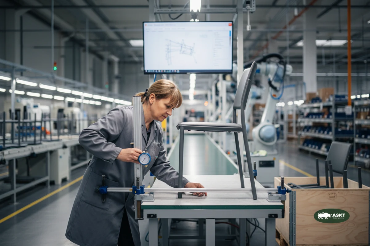 Kwaliteitscontrole en stabiliteitsinspectie van eetkamerstoelen in een B2B meubelproductieomgeving.