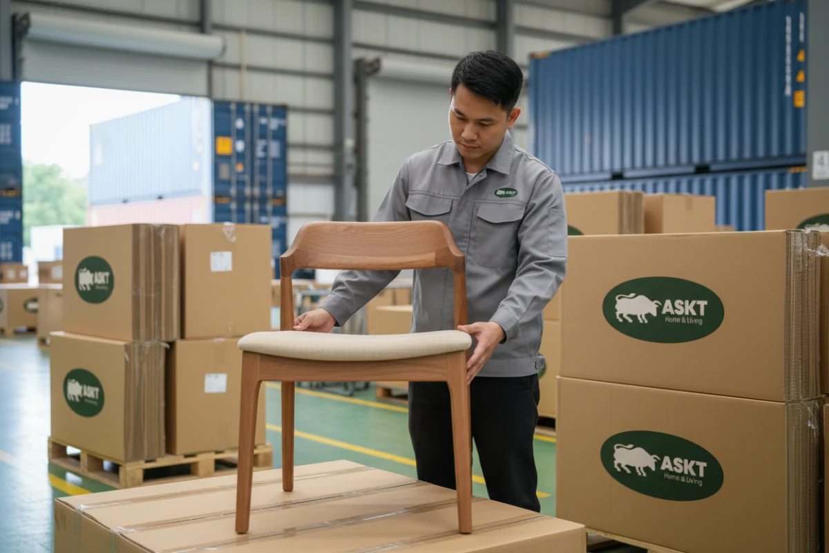Qualitätsprüfung und transportoptimierte KD-Verpackung von Esszimmerstühlen