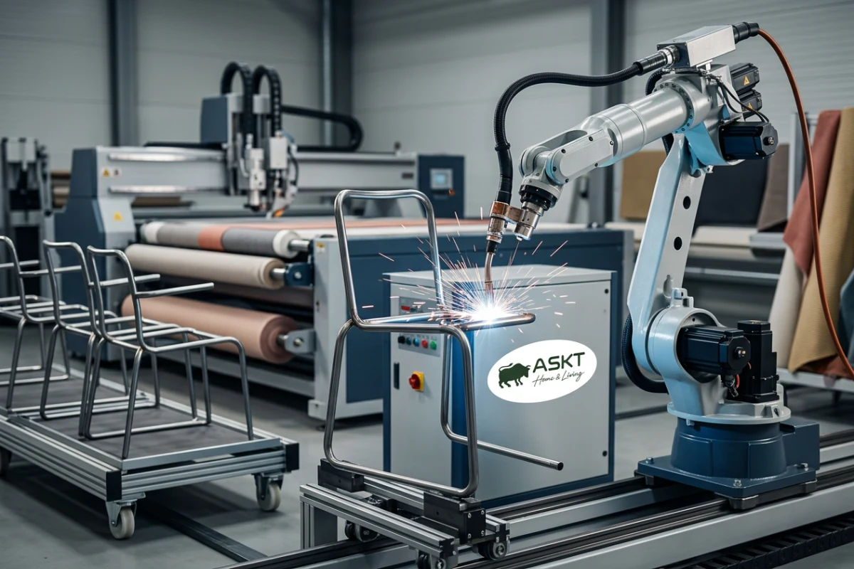 Automated robotic welding and fabric cutting machines for dining chair manufacturing
