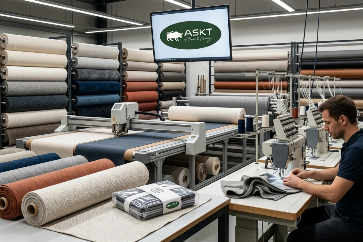 Precision fabric cutting and upholstery stitching in a modern furniture manufacturing facility