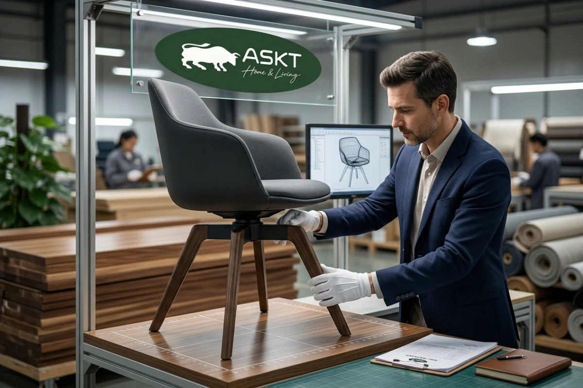 Quality control inspector testing the auto-return swivel mechanism and metal frame of an upholstered dining chair