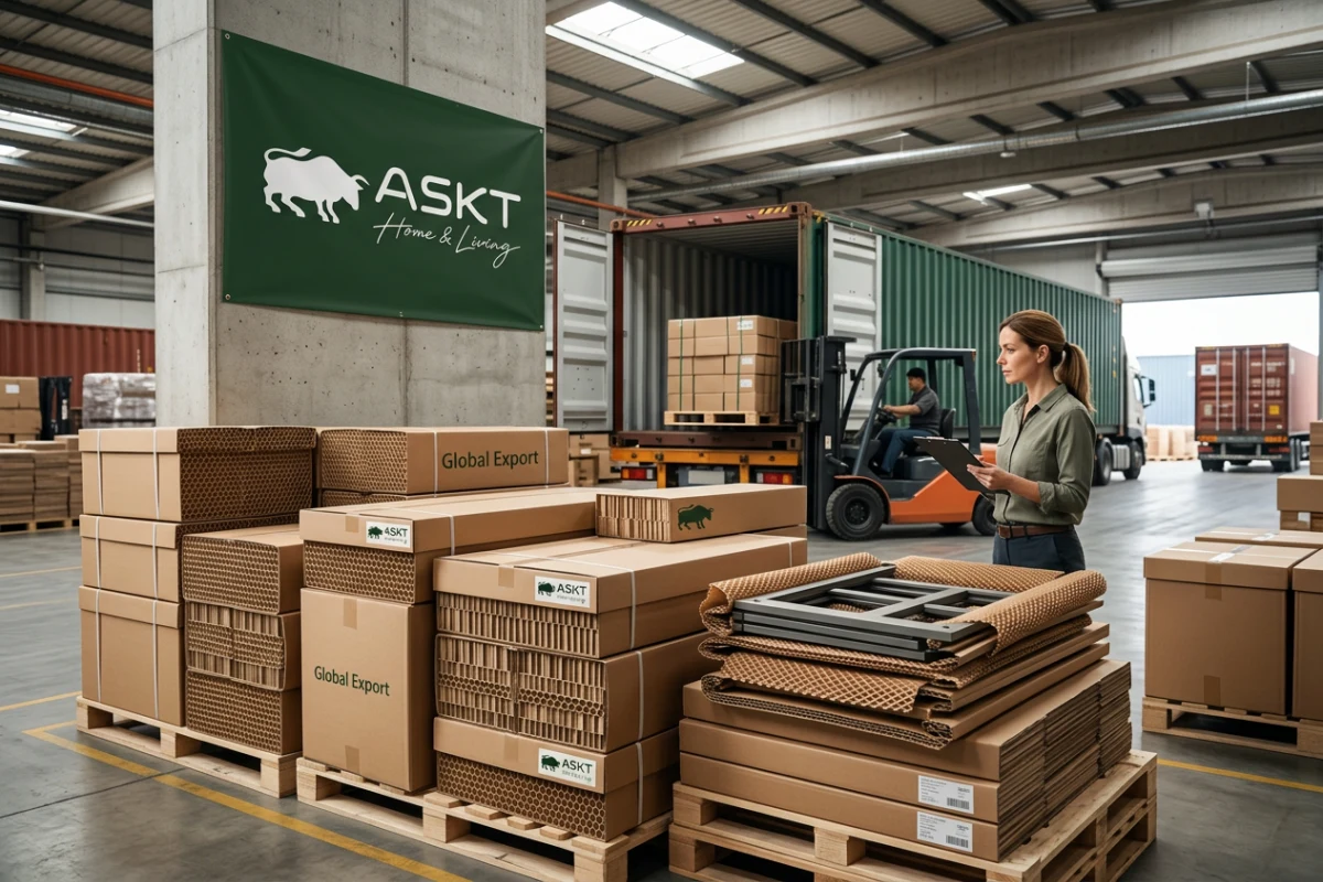 Knock-down dining furniture cartons with sustainable protective packaging staged for export container loading