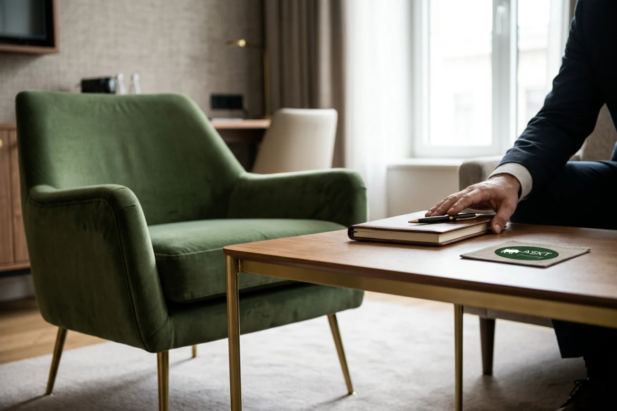 Ergonomische Abstimmung der Couchtischhöhe auf einen Hotel Lounge Chair mit passendem Abstand