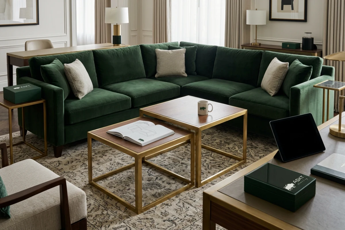 Zweiteiliges Couchtisch-Set in einer geräumigen Hotelsuite zur flexiblen Raumnutzung