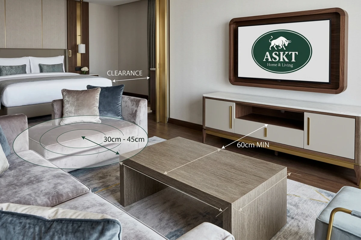 Hospitality coffee table clearance guidelines and furniture layout dimensions.