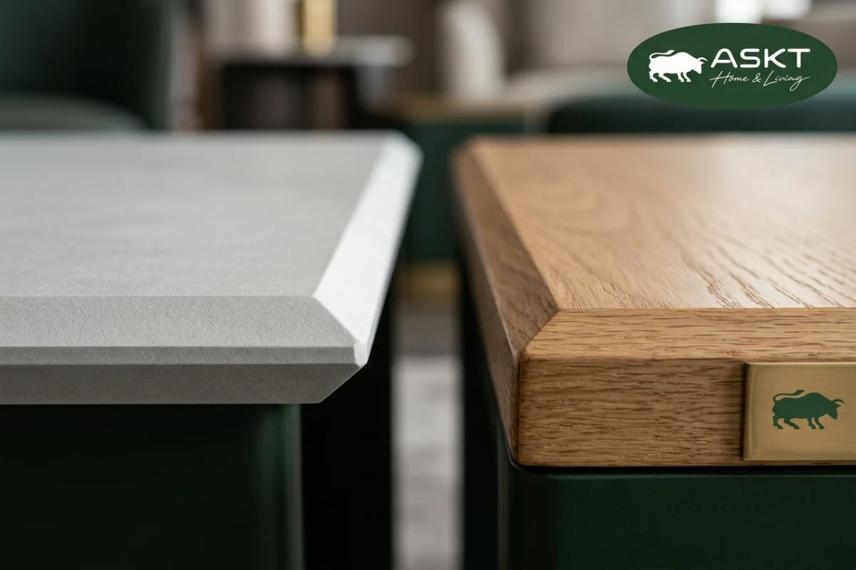 Close-up comparison of sintered stone bevelled edge and commercial oak veneer finish for hotel coffee tables.