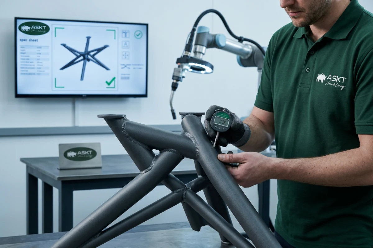 Factory quality inspection of robotic welds and powder coated steel frame for hospitality contract coffee table.