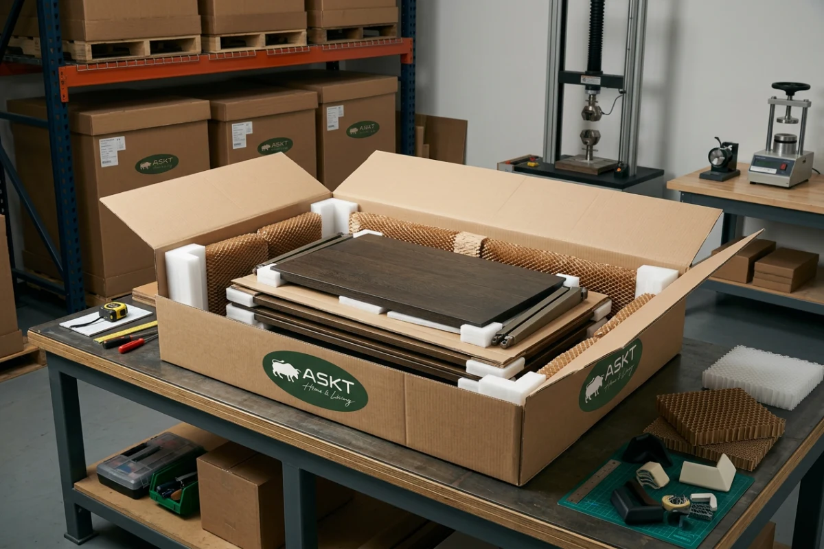 Flat-packed contract hotel coffee table packaging using sustainable honeycomb paper and corner protectors.