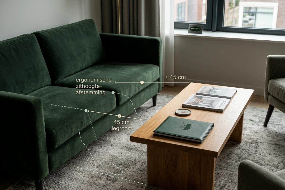 Hoogte- en afstandsverhoudingen tussen bank en salontafel voor hotelkamers