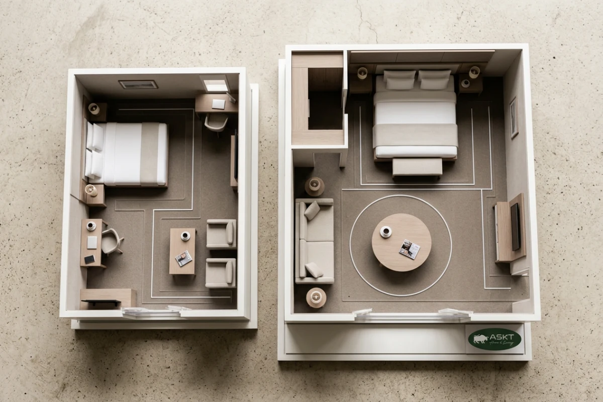 Circulatieruimte hotelinterieur en salontafel maten per kamertype