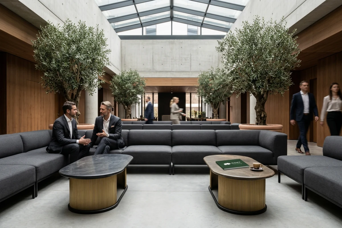 Low-profile organic coffee tables with rounded corners for hotel lobby hospitality furniture trends 2026