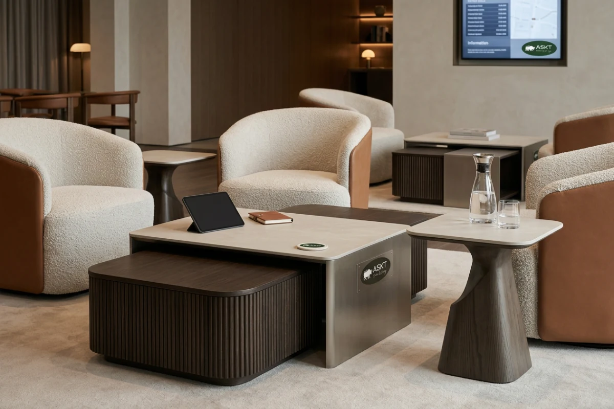 Modular hotel lounge furniture showing multi-tier nesting coffee tables in a flexible hospitality zone