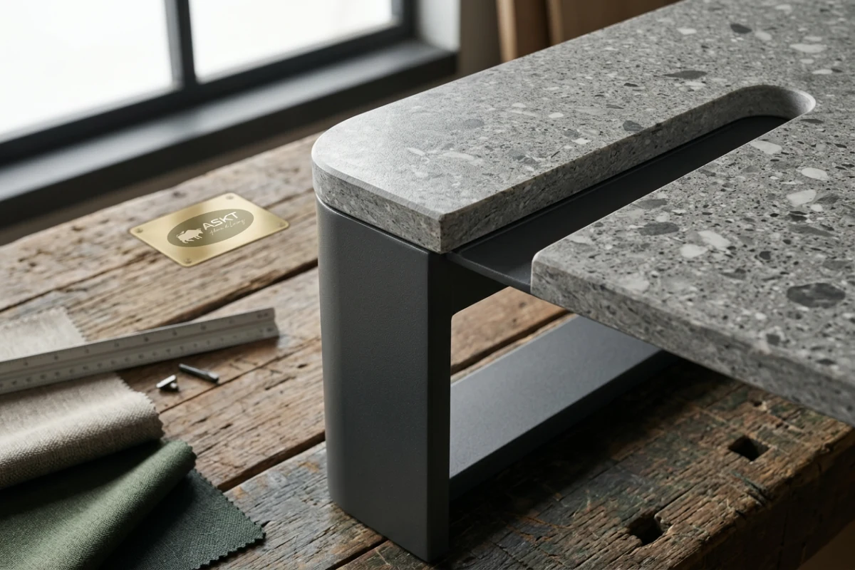 Materialdetails für Objektmöbel Couchtische Gastgewerbe: Sinterstein und Stahl