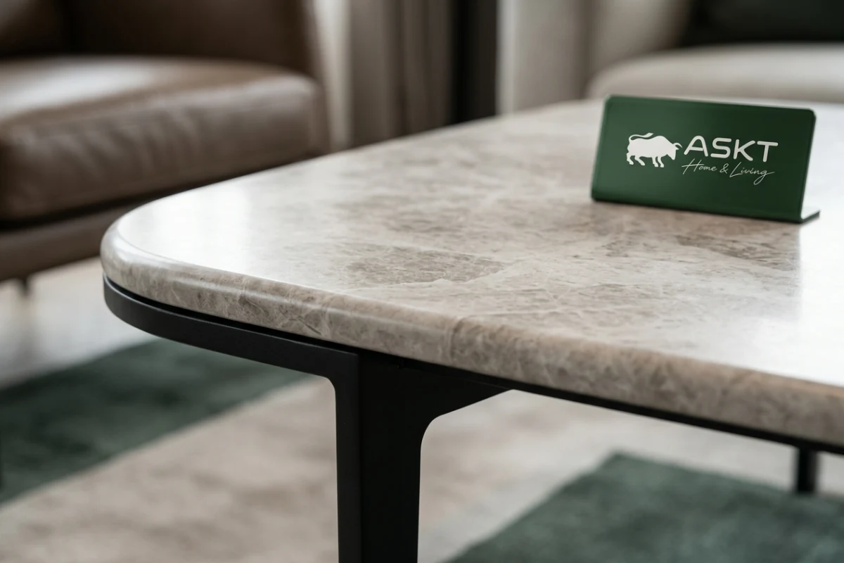 Detail van sintered stone tafelblad met veilige randafwerking voor hotelprojecten