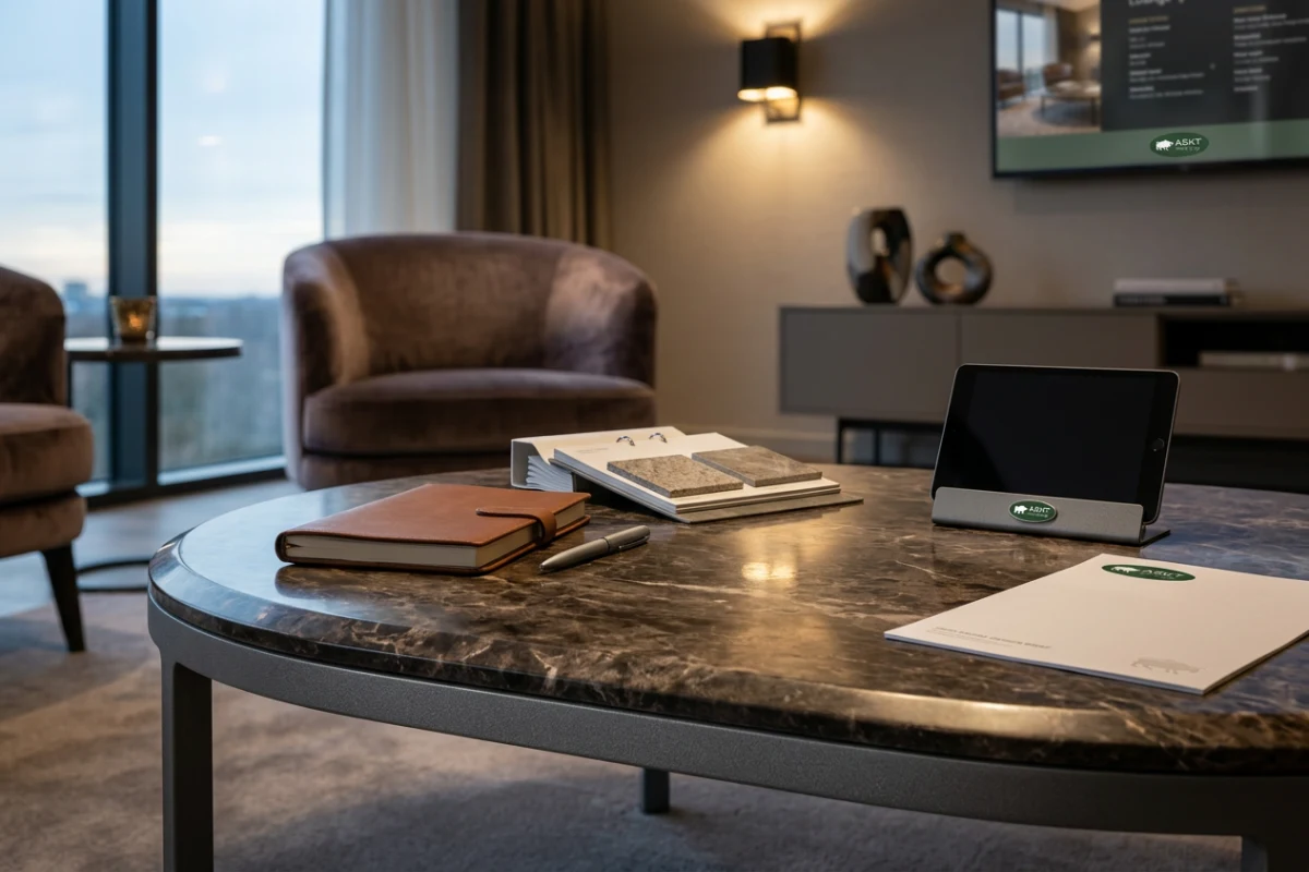 Detail van sintered stone salontafels B2B met afgeronde randen en hoogwaardige poedercoating