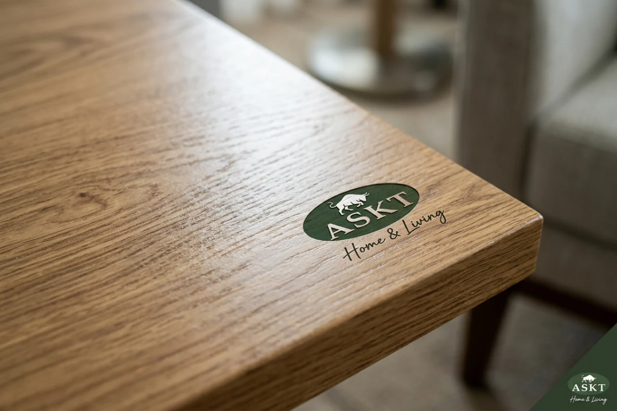 Commercial oak wood veneer coffee table surface with protective contract lacquer.