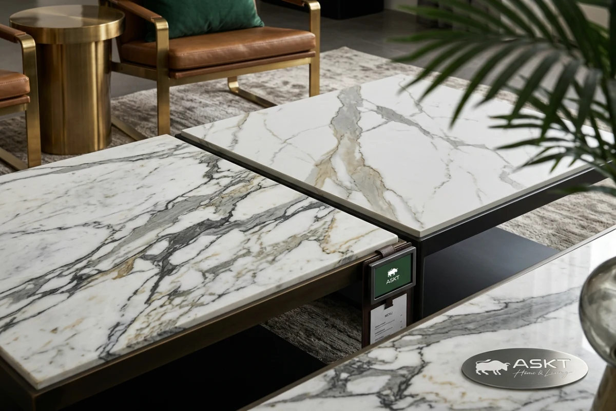Natural marble versus sintered stone coffee table surface comparison for hospitality FF&E.