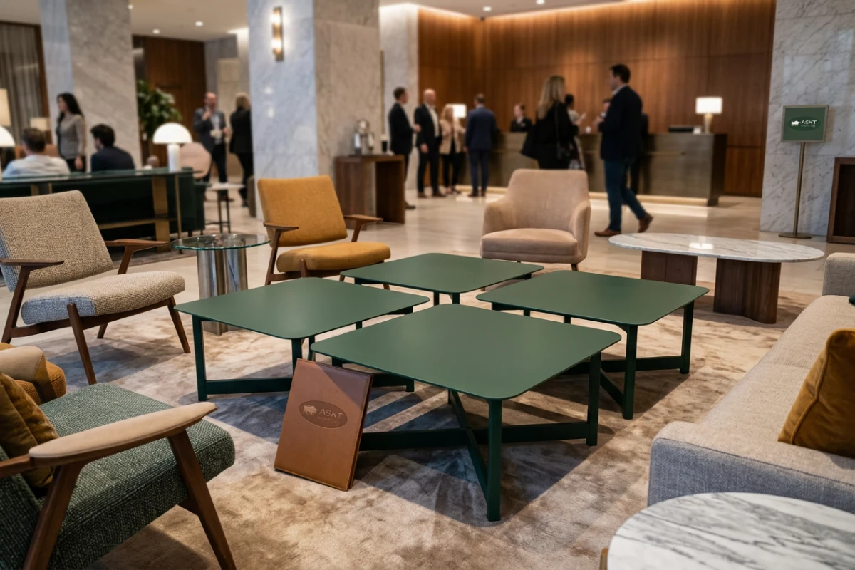 Heavy-duty powder-coated metal coffee table in a modern commercial hotel lounge.