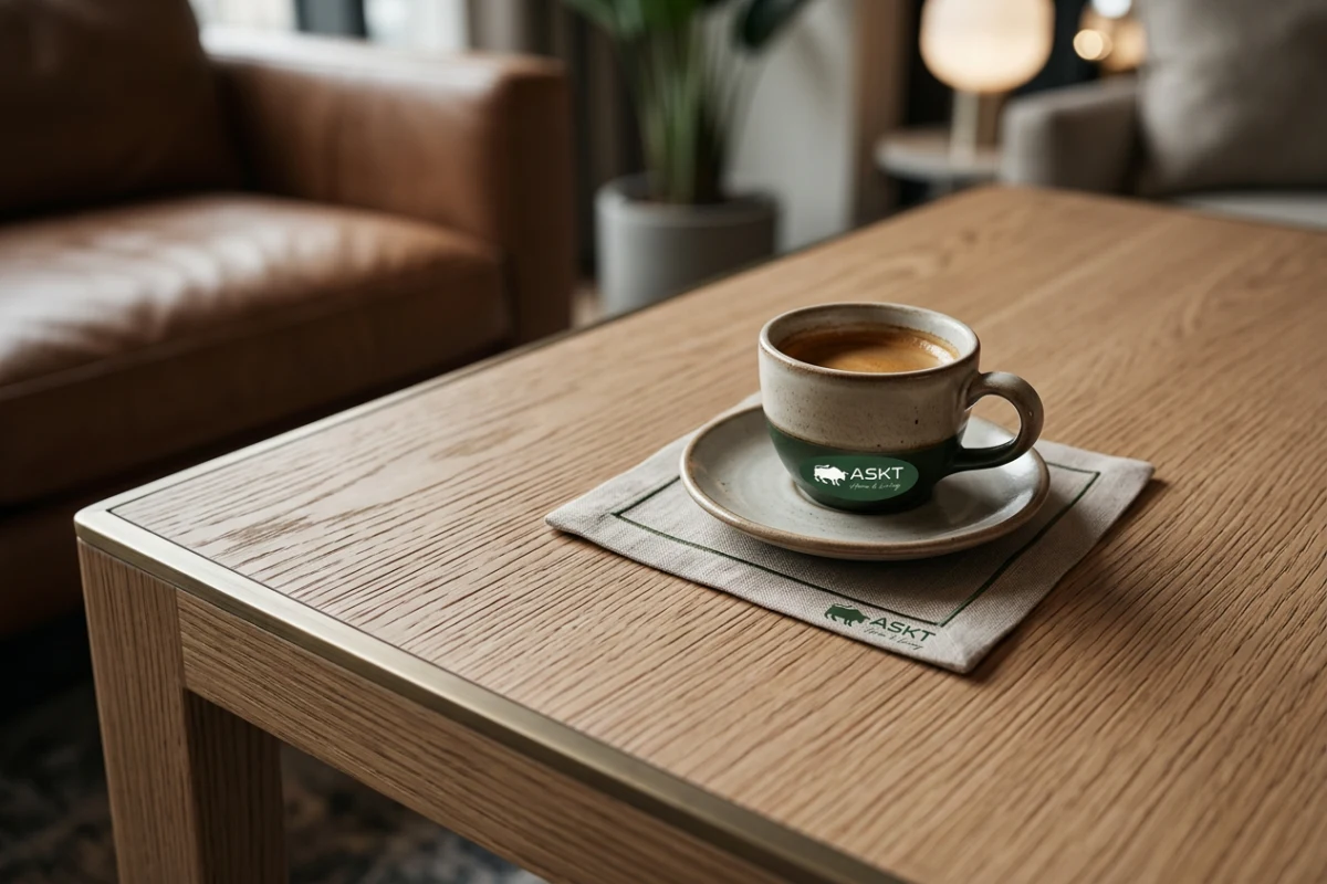 Houtfineer salontafelblad met vochtbestendige PU-lakafwerking voor hotelkamers.