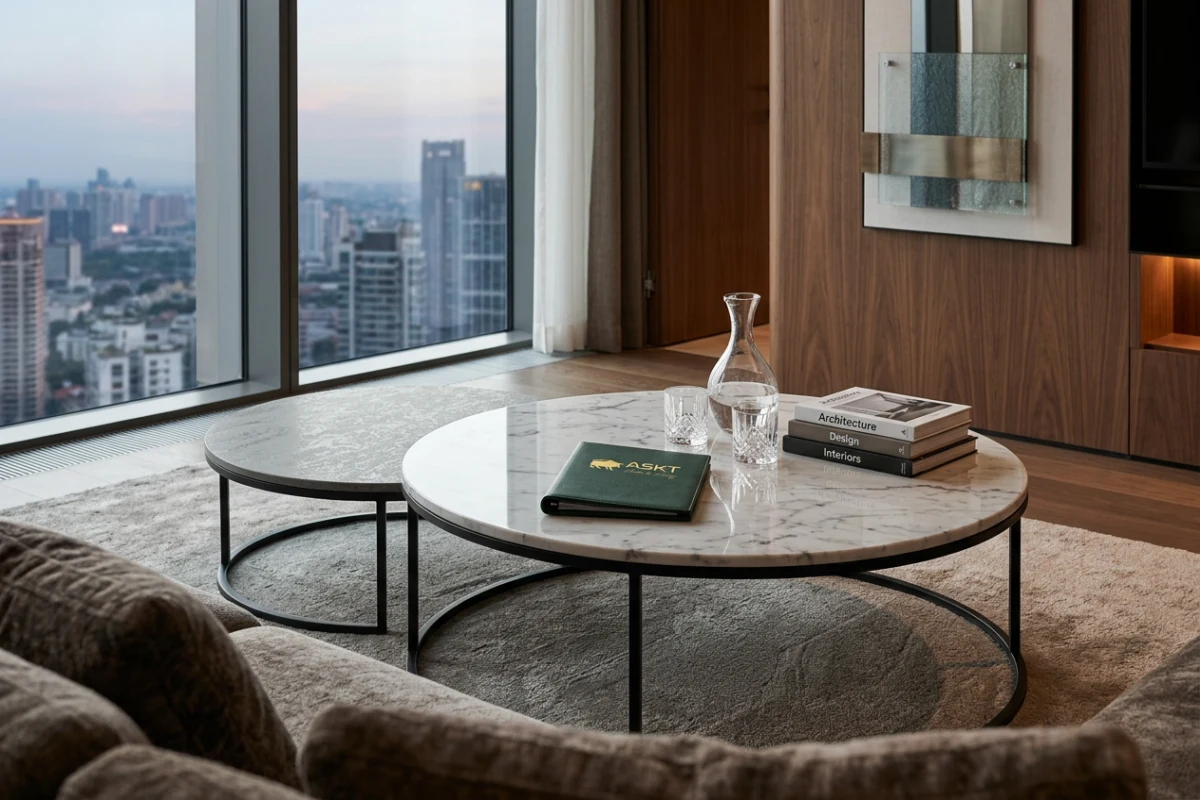 Houtfineer vs marmer salontafel hotel vergelijking in een luxe suite.