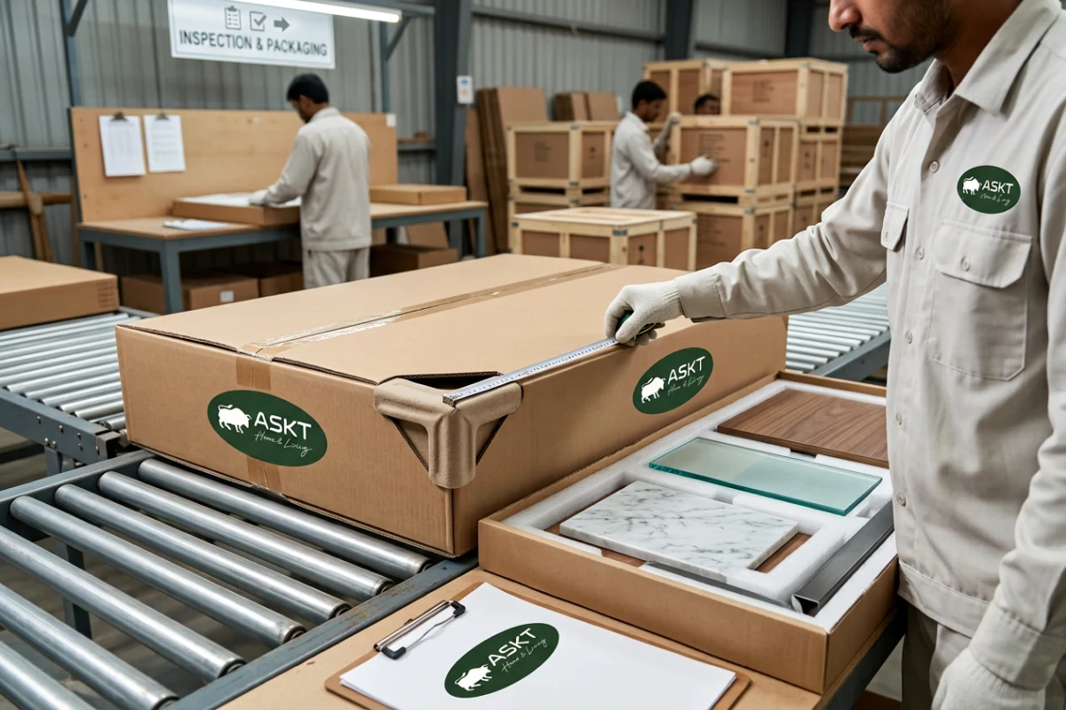Kwaliteitscontrole en valtest van KD salontafels voor veilige export naar Europa.