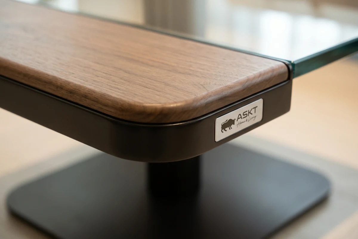 Close-up of rounded corner edge profile on a commercial hospitality coffee table.