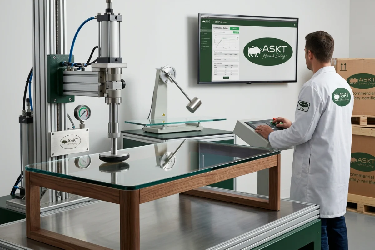 Mechanical hotel coffee table stability testing conducted in a contract furniture factory.