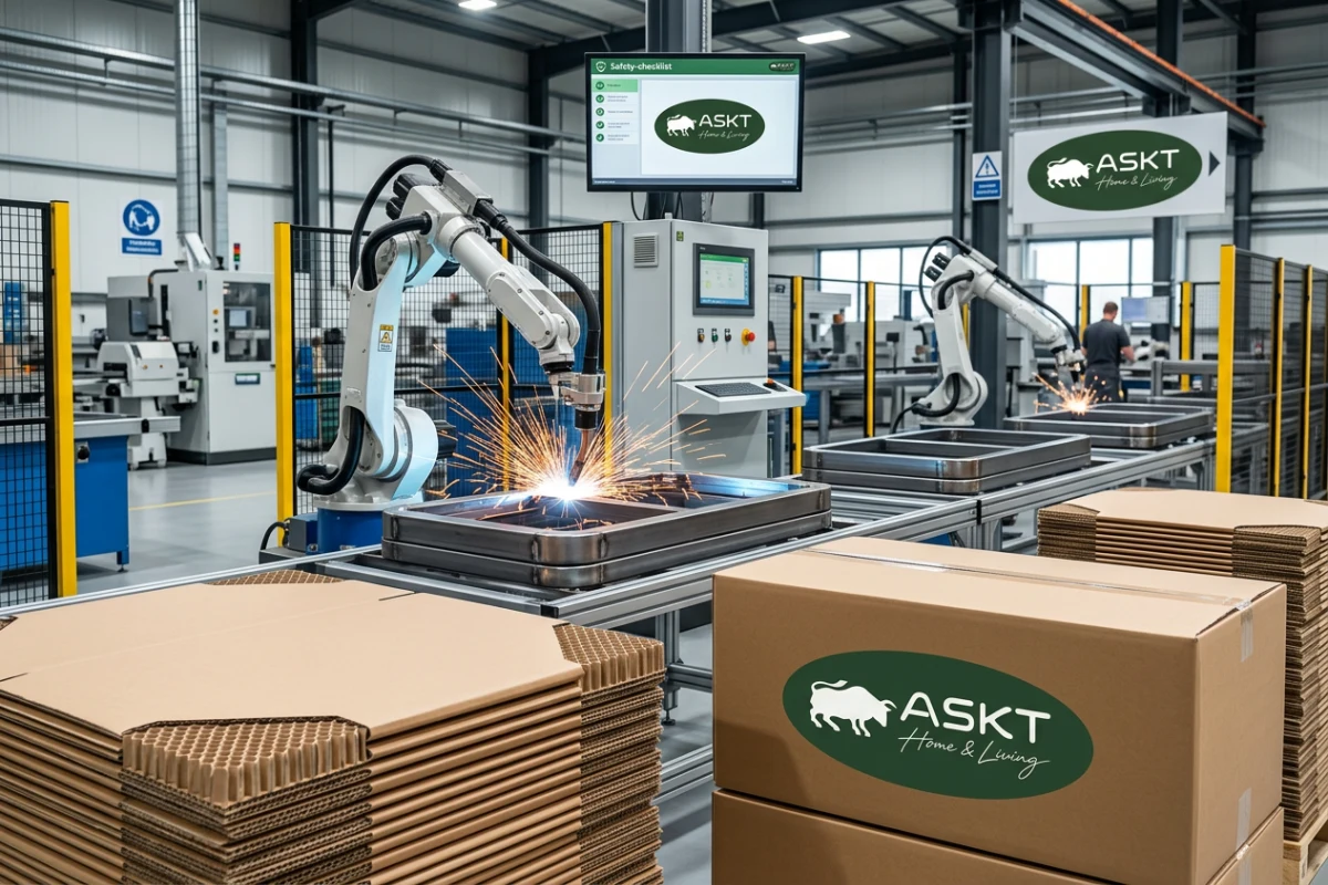 Robotic welding of commercial coffee table metal frames at ASKT production facility.