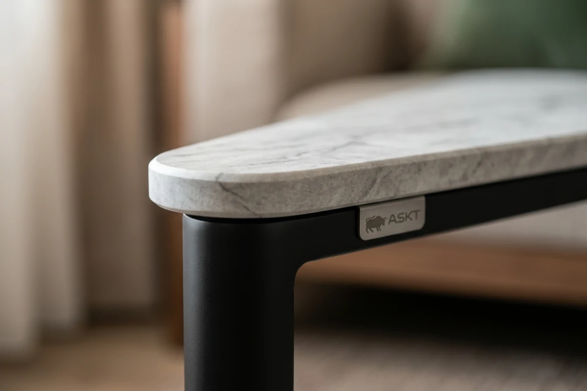 Detail van veilige afgeronde hoeken en randafwerking op een commerciële salontafel