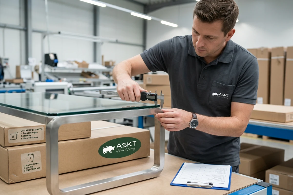 Kwaliteitscontrole en schokabsorberende verpakking van salontafels voor export