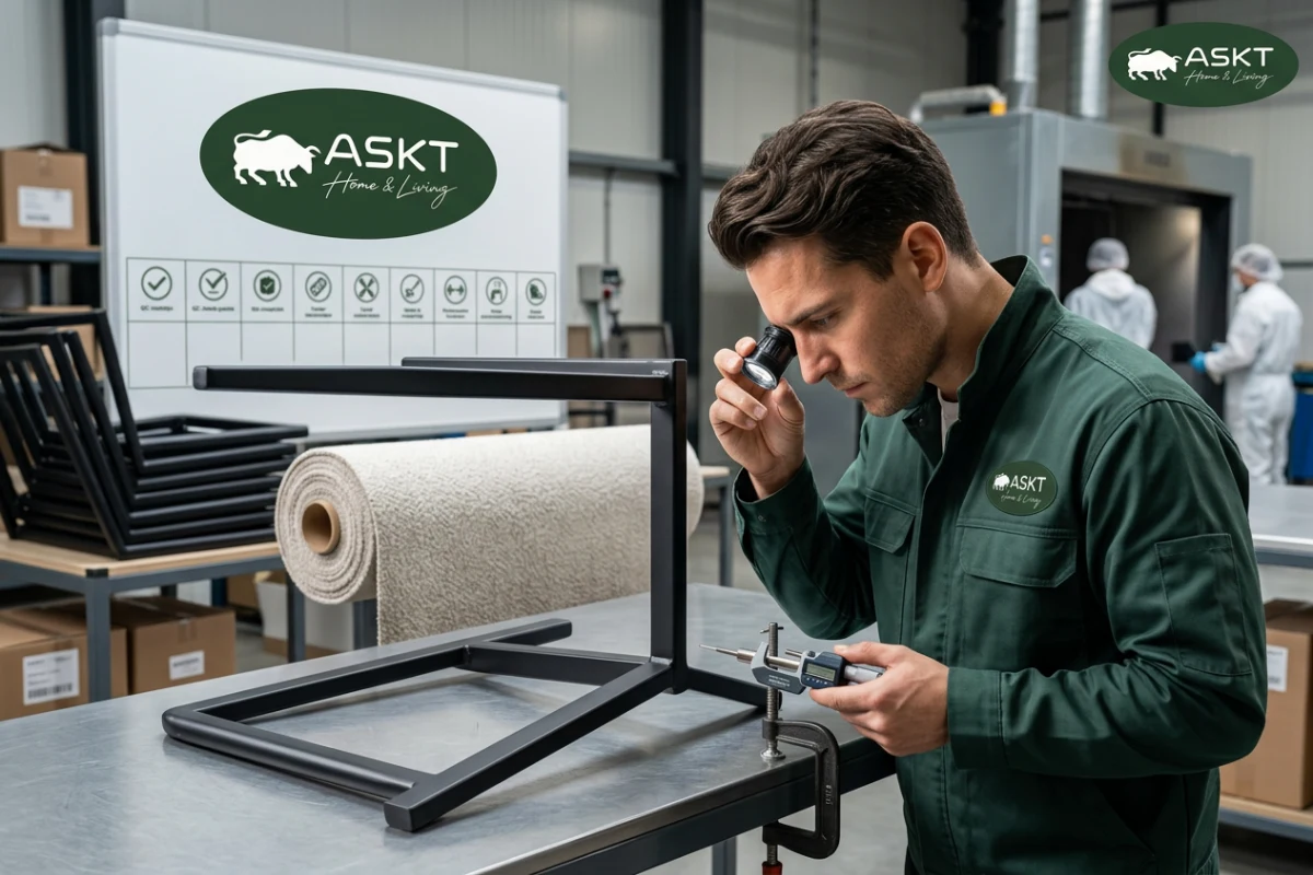 Inspectie van lasnaden en poedercoating op een metalen stoelframe