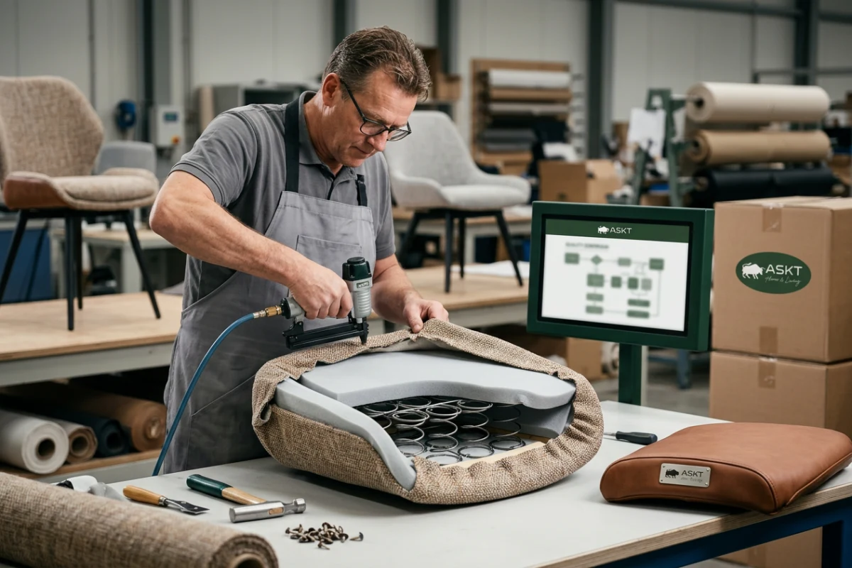 Stoffering van een ergonomische eetkamerstoel met schuim en pocketvering