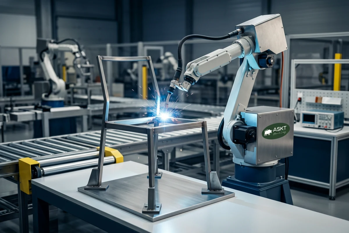 Robotic welding arm precision-welding a steel dining chair frame