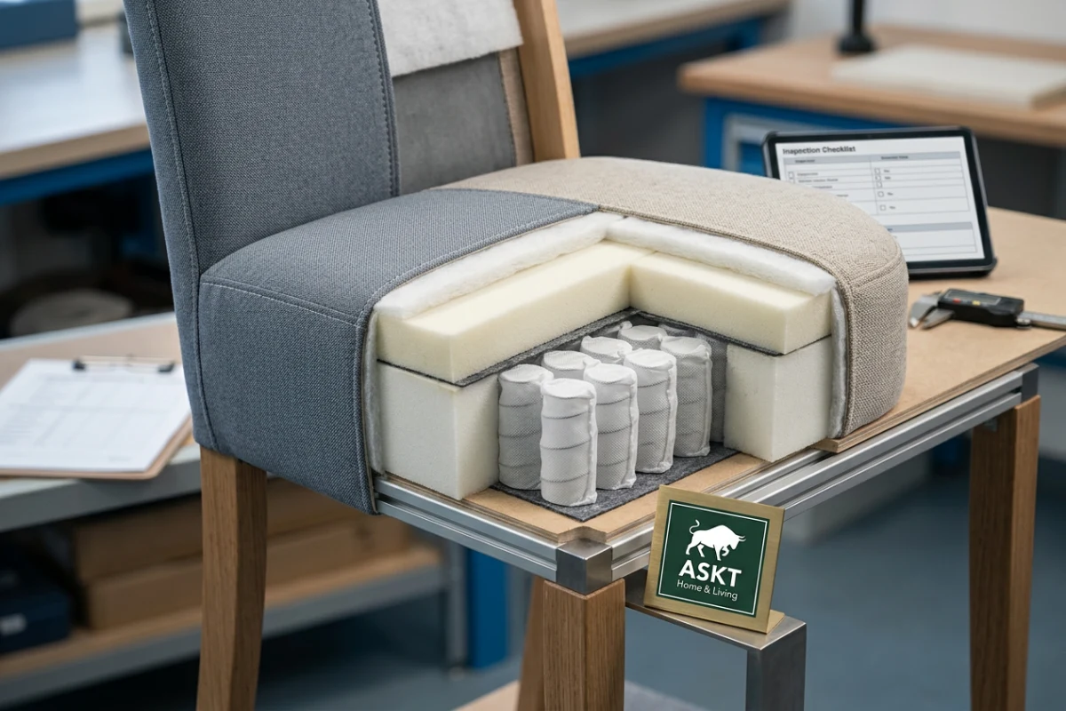 Cutaway view of dining chair seat cushion showing pocket spring structure and foam layers