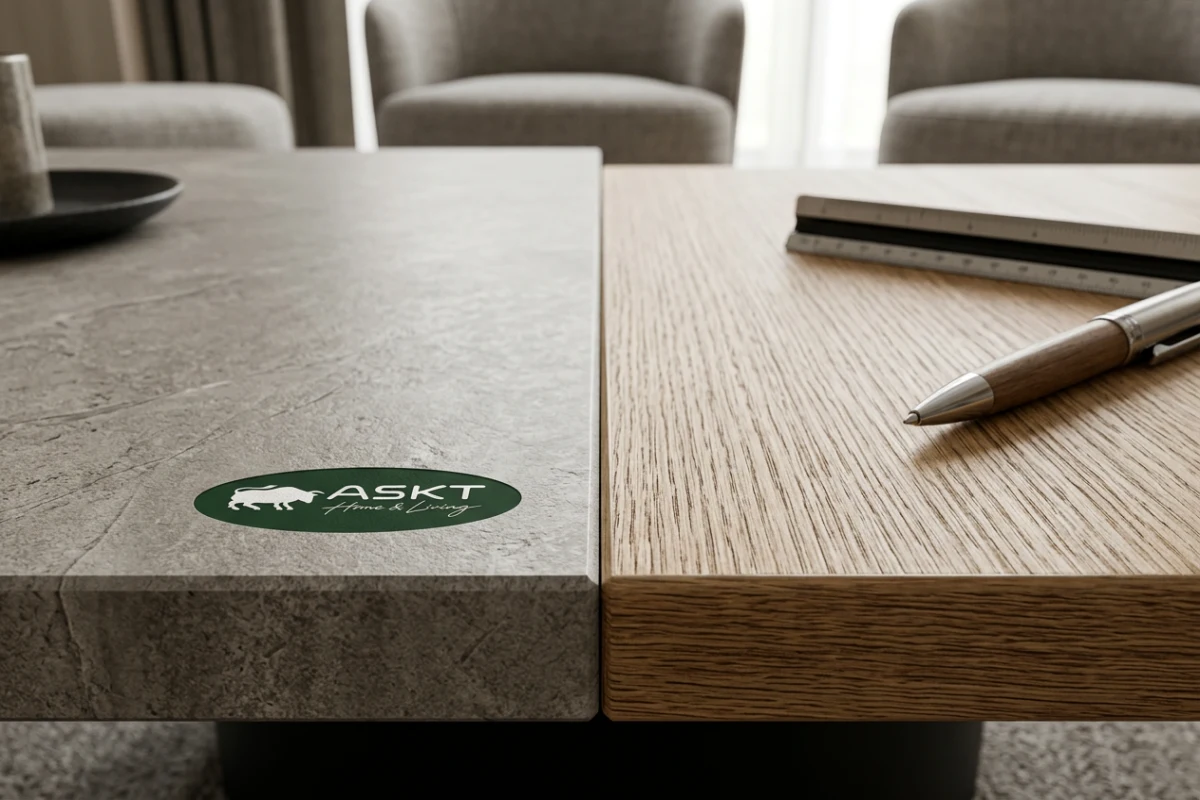 Hotel Beistelltische Materialien im Vergleich Sinterstein und Eichenfurnier
