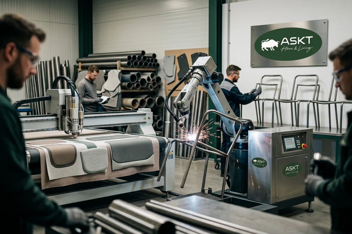 Precision metal frame manufacturing and upholstery preparation for dining chairs.