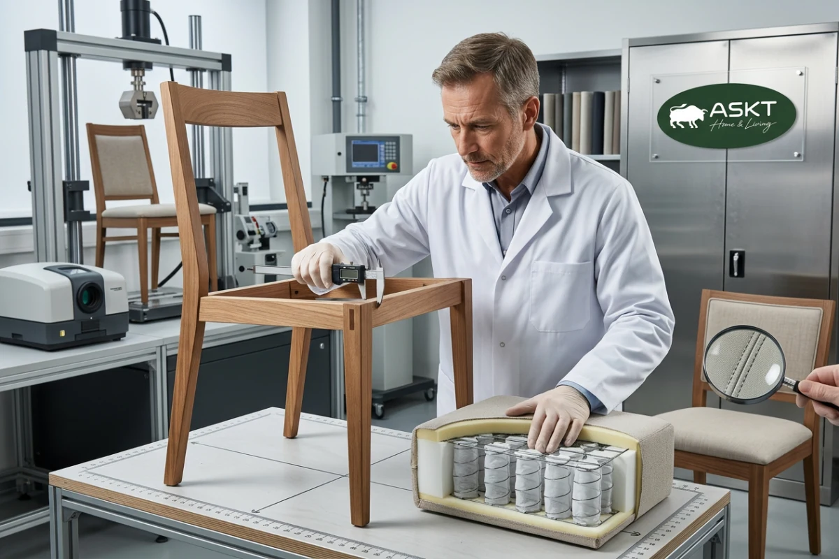 Quality engineer checking dining chair prototype pocket spring cushioning and seam alignment.