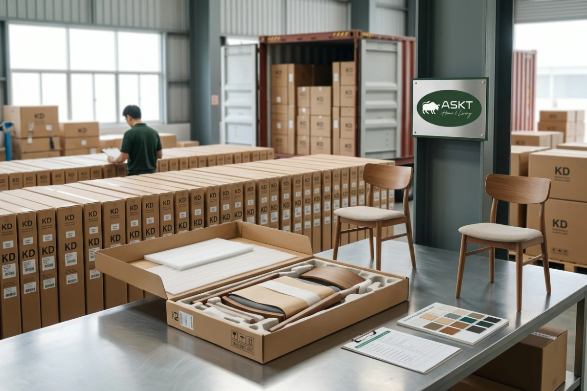 Flat-pack KD dining chair cartons prepared for shipping container loading optimization.