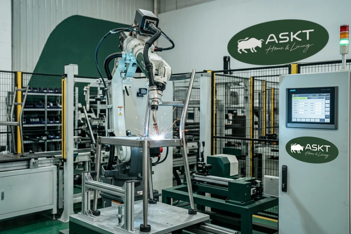 Automated robotic welding arm fabricating metal dining chair leg frames in a Chinese factory.