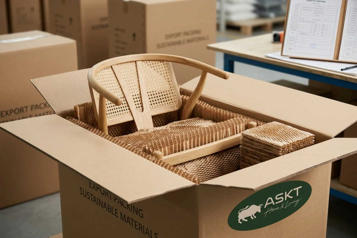 Eco-friendly honeycomb paper packaging protecting knock-down dining chair components in an export carton.