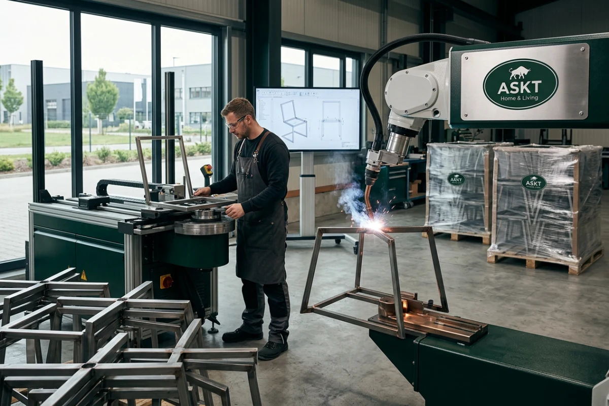 Metal frame manufacturing and powder coating for commercial dining chair durability.