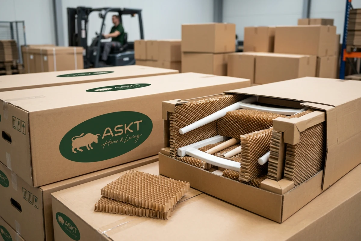 Transportsichere KD-Verpackung für Stühle mit plastikreduziertem Schutz