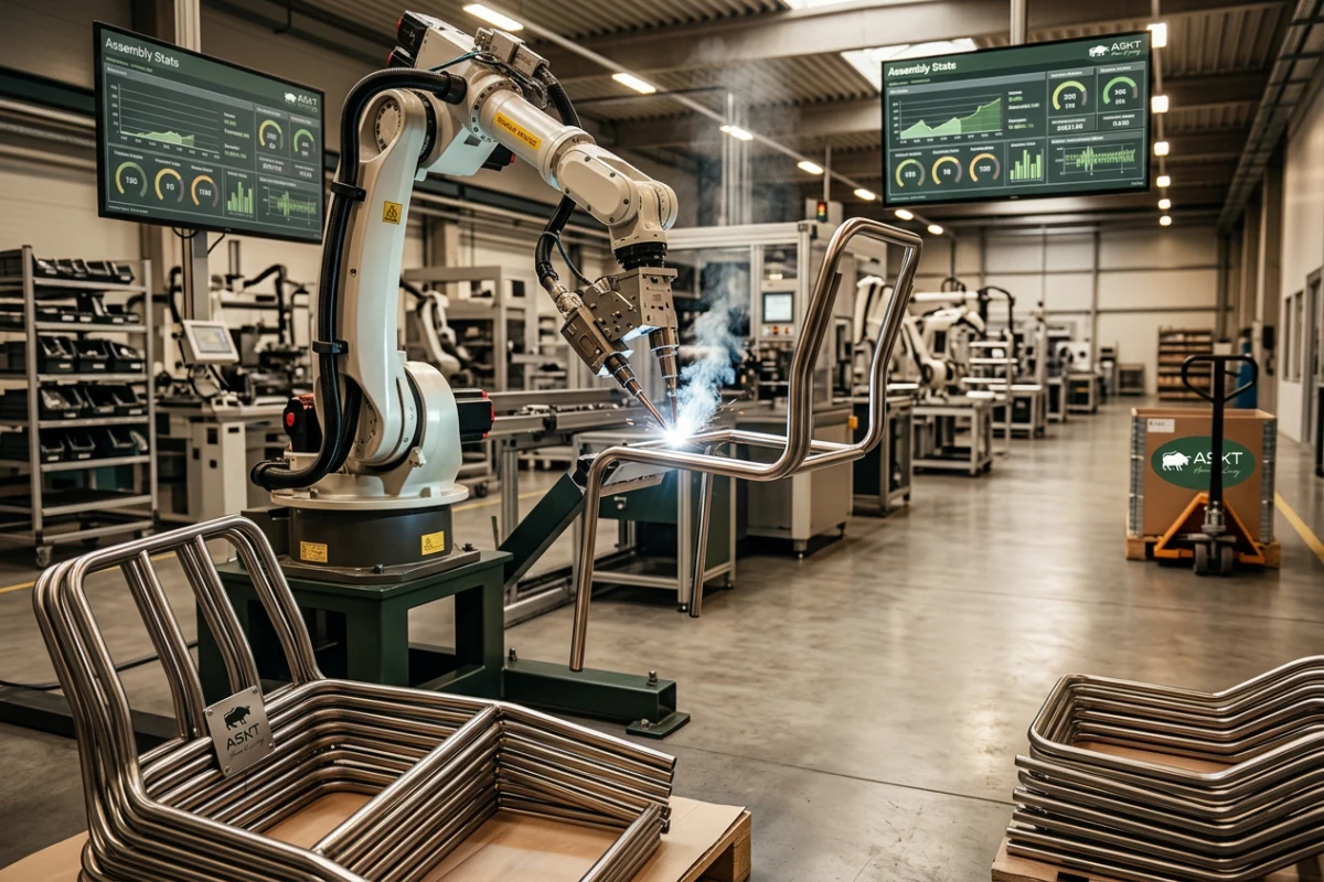 Robotgestuurde lasproductie van metalen stoelframes in meubelfabriek