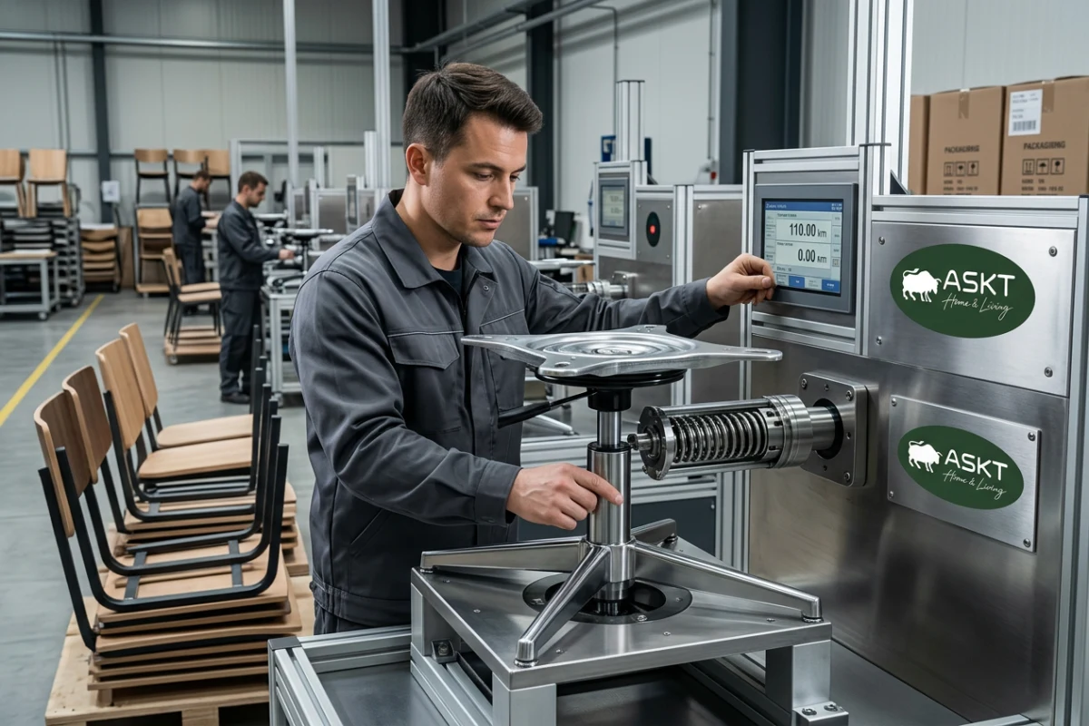Test van 360-graden auto-return draaimechanisme voor eetkamerstoelen