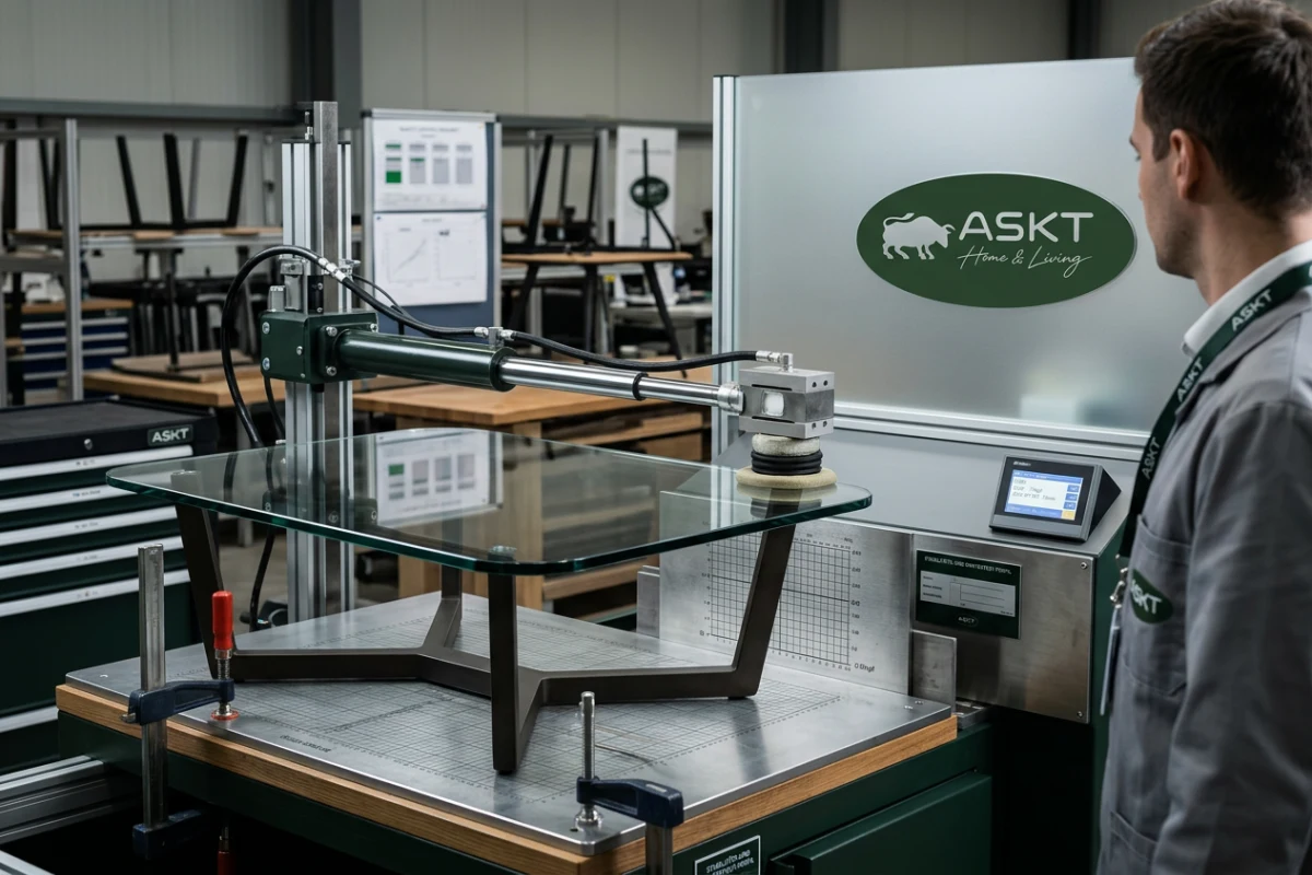 Standfestigkeitsprüfung und Belastungstest eines Couchtisch-Metallgestells im Prüflabor
