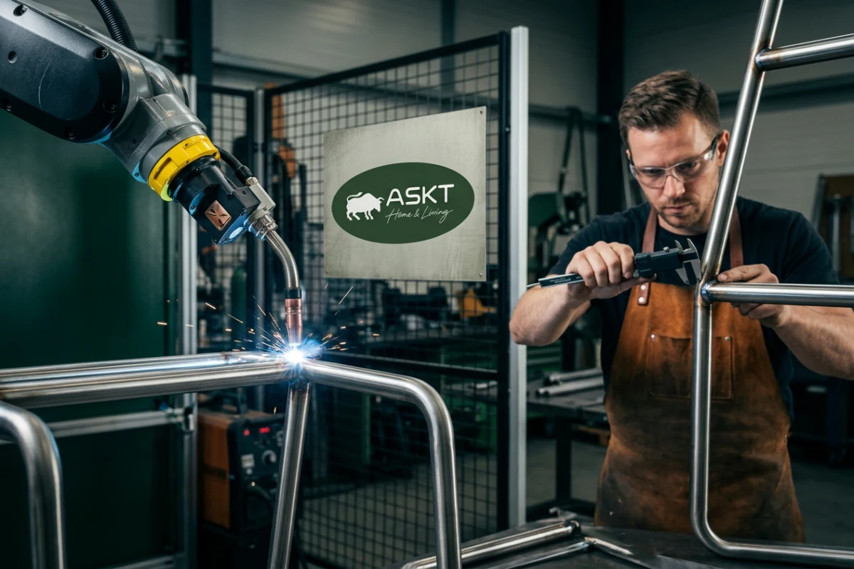 Robotic welding arm operating on precision steel dining chair frame