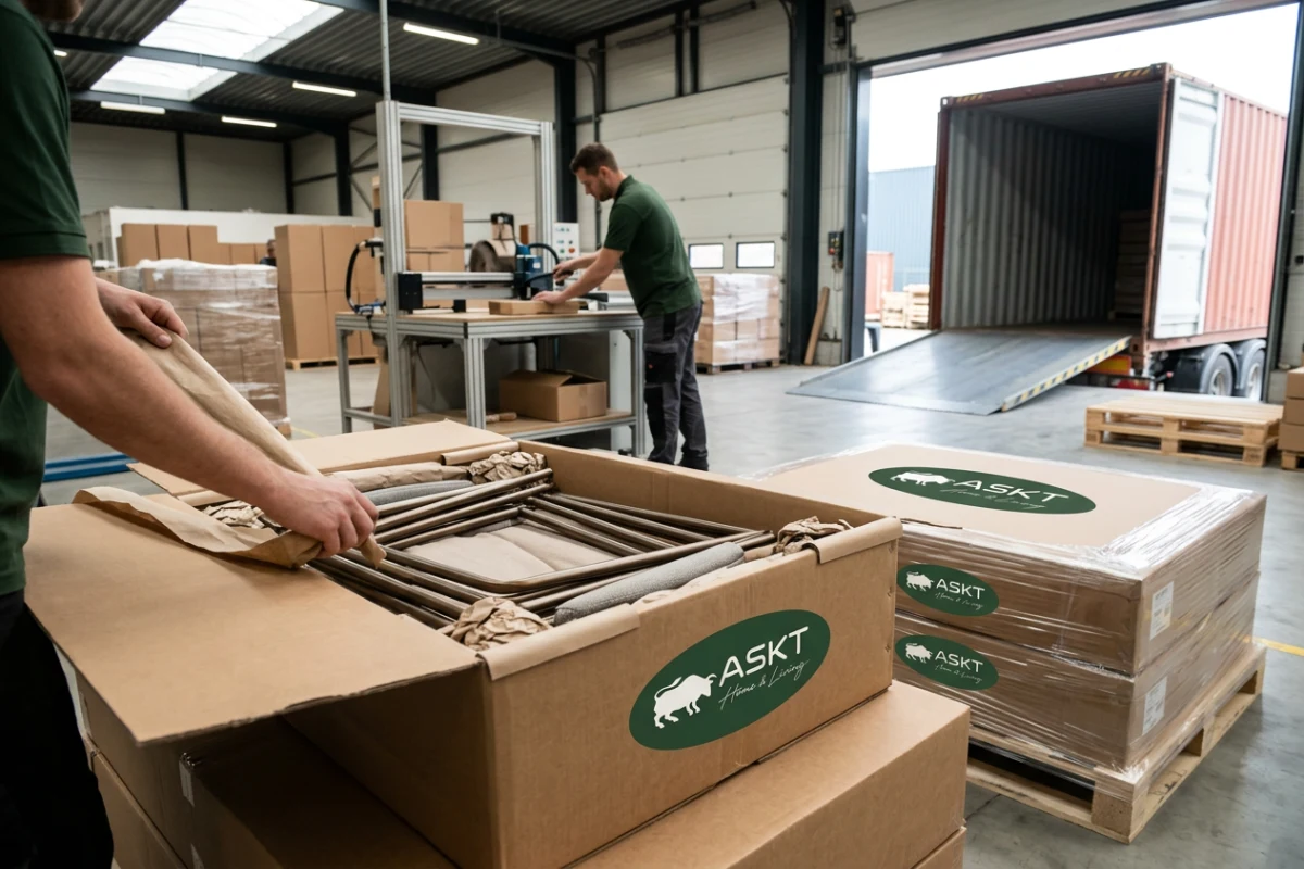 Flat-pack KD dining chair packaging engineered for maximum container loading efficiency.